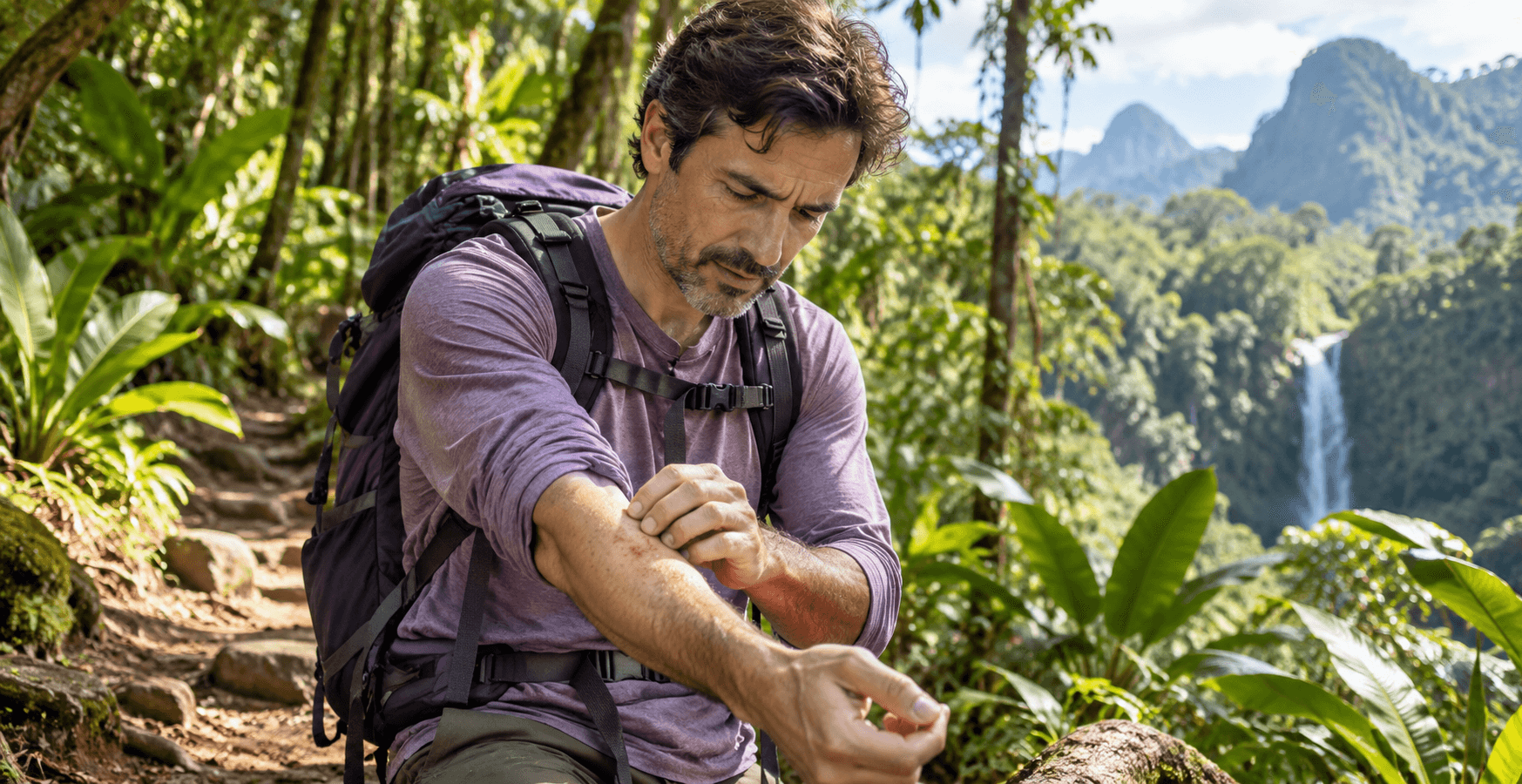 A hiker with a backpack on a jungle trail looking closely at a red rash on his forearm, with tropical plants, mountains and a waterfall behind him.