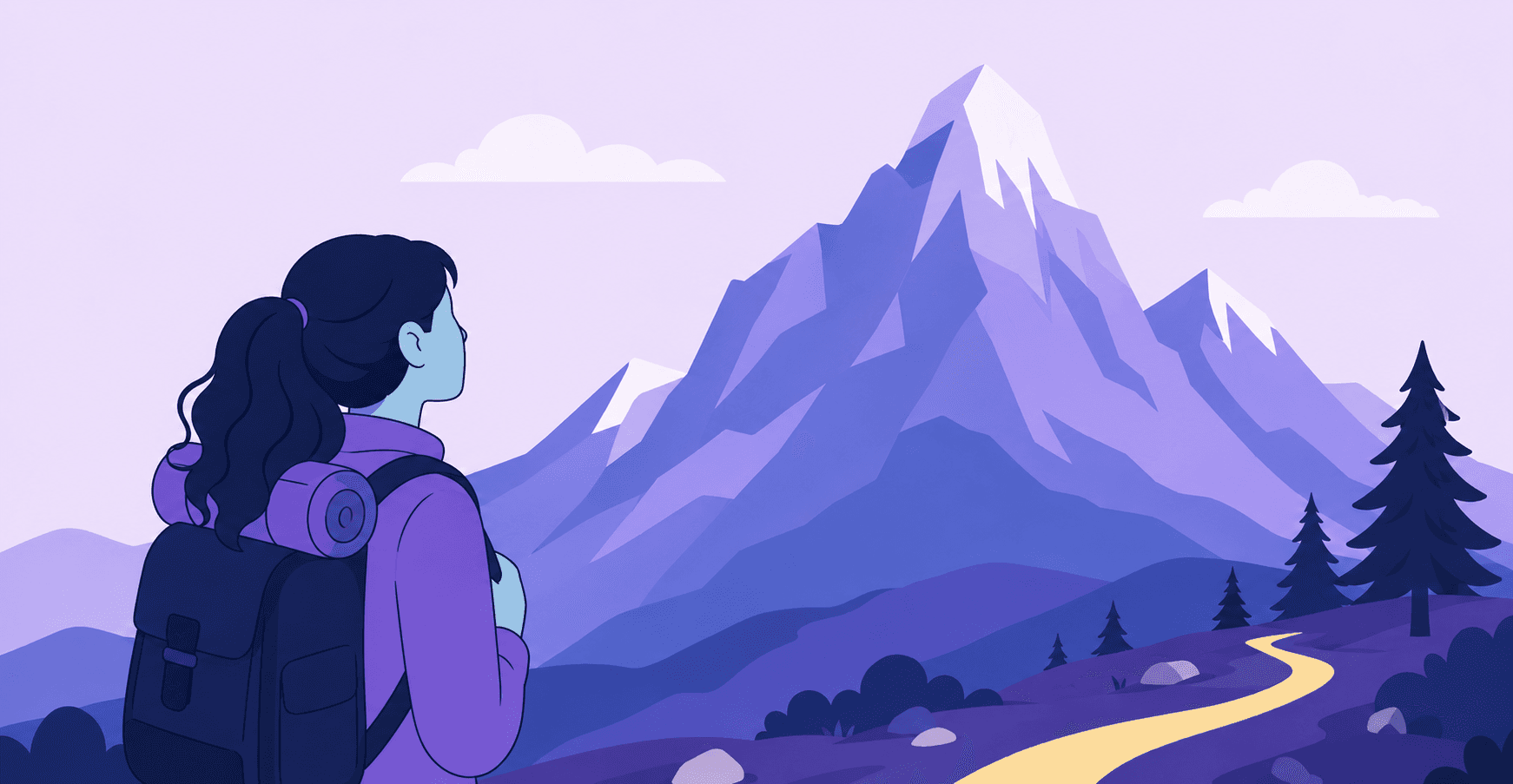 A flat violet illustration of a hiker with a backpack and a rolled mat, seen from behind, looking up at a snow capped mountain with a path winding towards it.