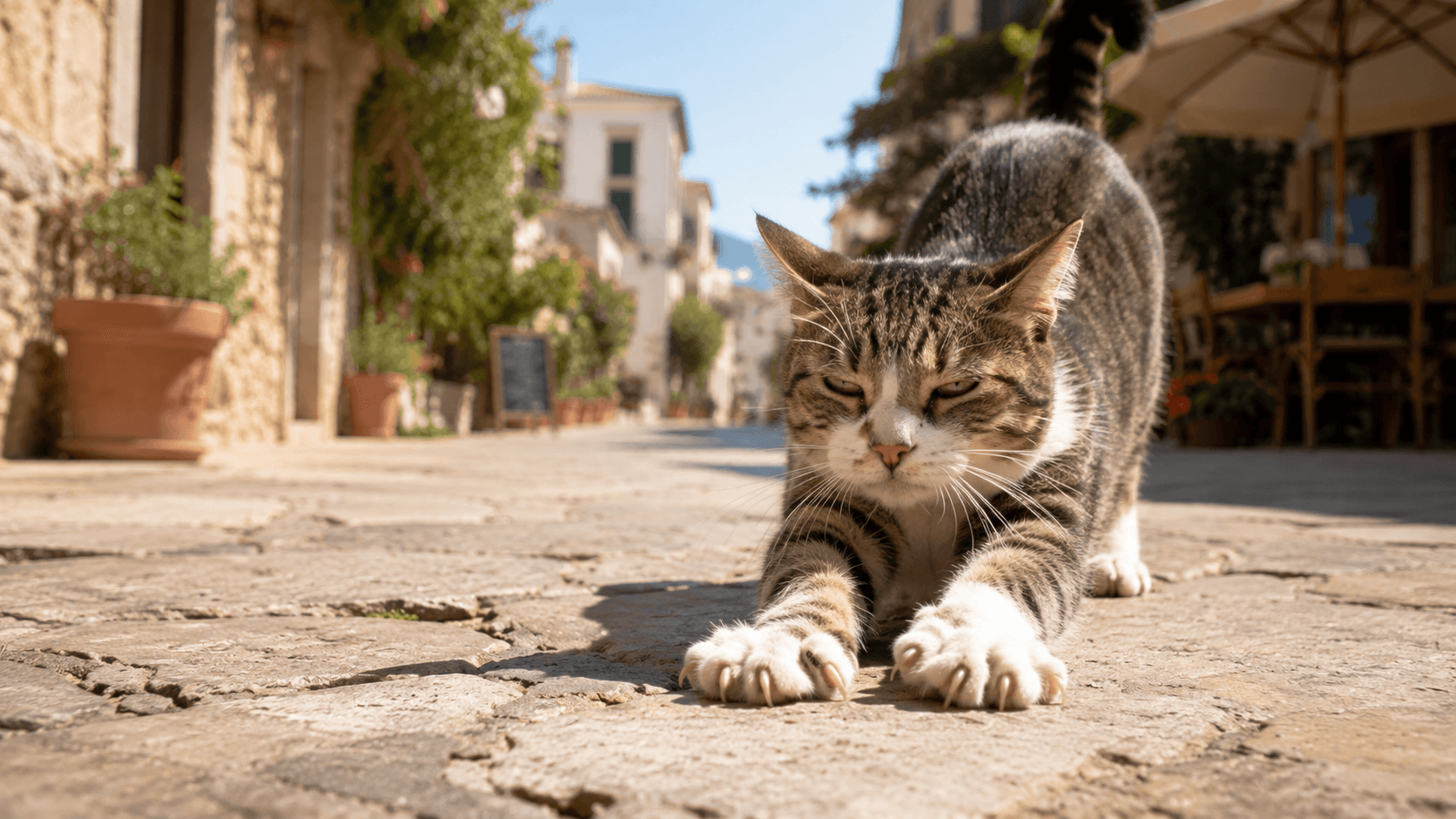 A stray tabby cat stretching with its claws out on the cobbles of a sunlit village street, with cafe tables and a parasol behind it.