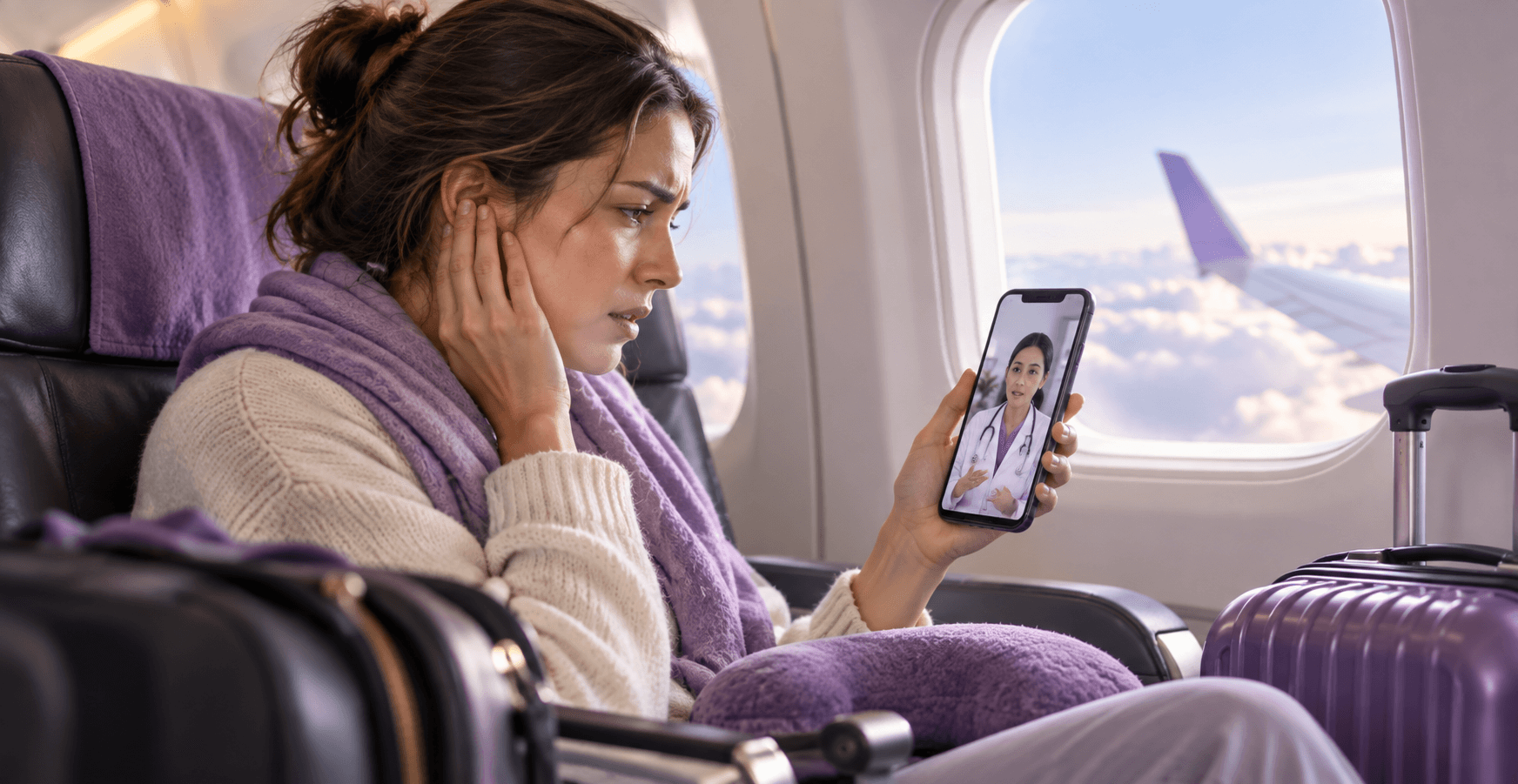 A woman in an aircraft window seat wincing with a hand over one ear, looking at a doctor on a video call on her phone, with a lilac suitcase beside her and a wing above the clouds outside.