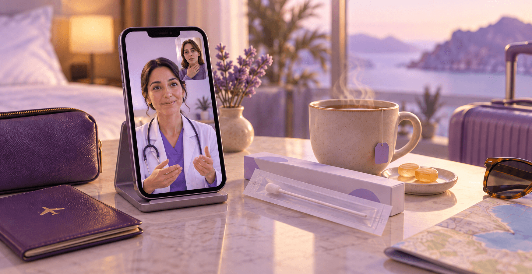 A phone on a stand on a hotel desk showing a doctor on a video call, with the patient in a small selfie window, beside a boxed throat swab, a mug of tea, lozenges, a passport and a map, with a sea view behind.