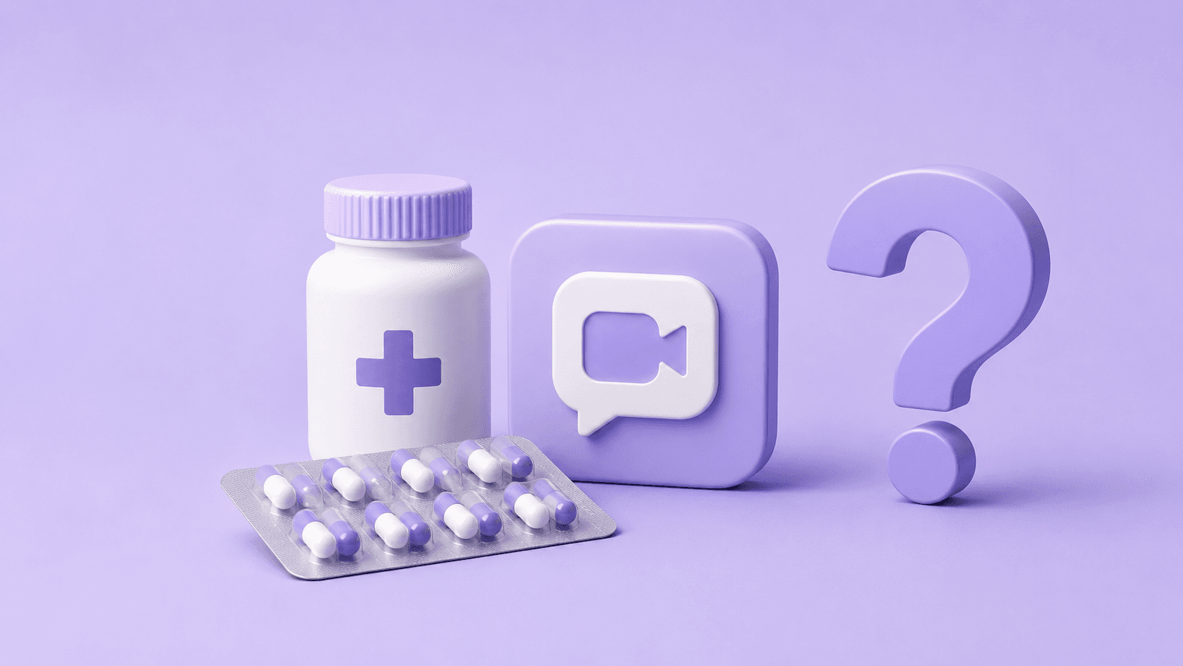 A violet three dimensional still life: a medicine bottle marked with a cross, a blister pack of capsules, a speech bubble holding a video camera icon, and a large question mark.