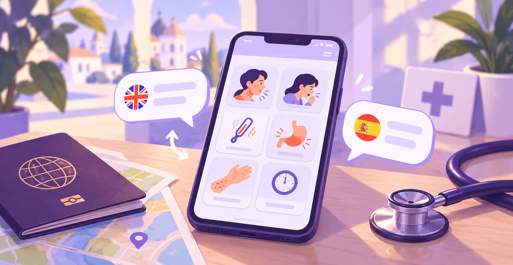 An illustrated phone on a table showing symptom icons for a headache, a cough, a fever, a stomach ache, a rash and a clock, between speech bubbles with British and Spanish flags, beside a passport, a map and a stethoscope.