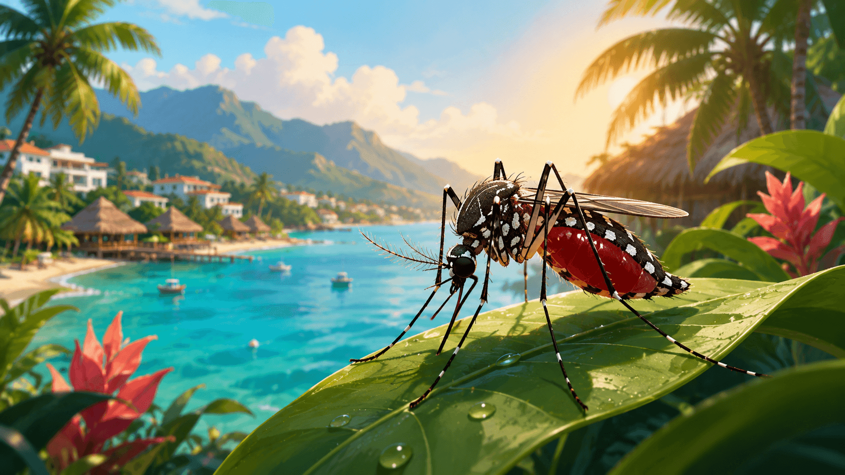 A close up of a mosquito with striped legs and a blood filled abdomen resting on a dew covered leaf, with a tropical bay, palms and moored boats behind it.