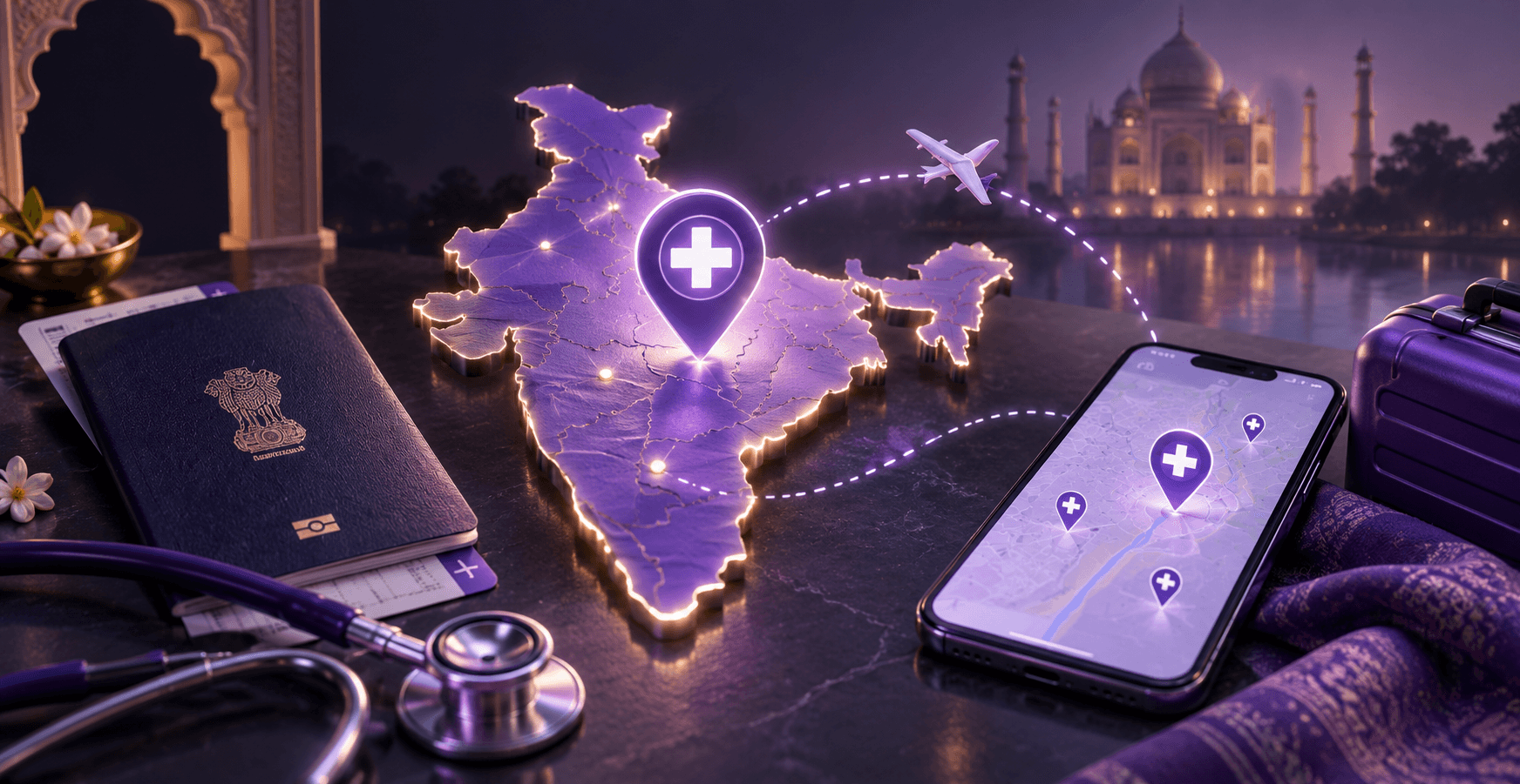 A lit outline map of India carrying a medical map pin, on a dark desk with an Indian passport, a stethoscope and a phone showing clinic locations, with the Taj Mahal lit behind.