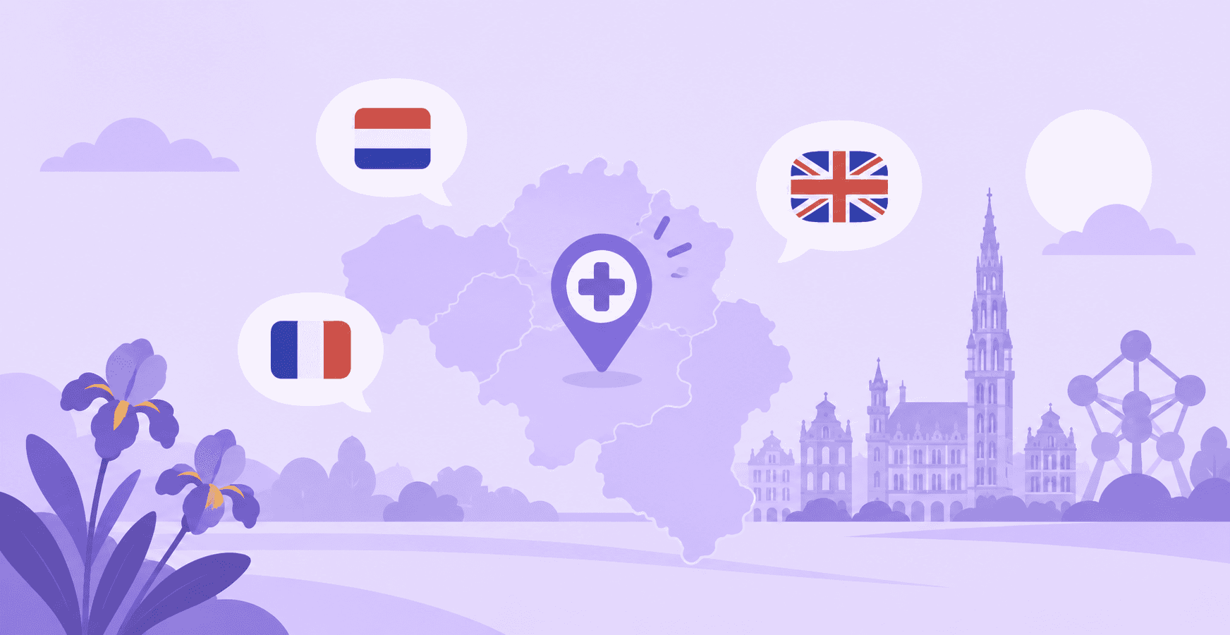 A flat illustration of an outline map of Belgium carrying a medical map pin, with speech bubbles holding the Dutch, French and British flags, and the Brussels town hall and the Atomium behind.