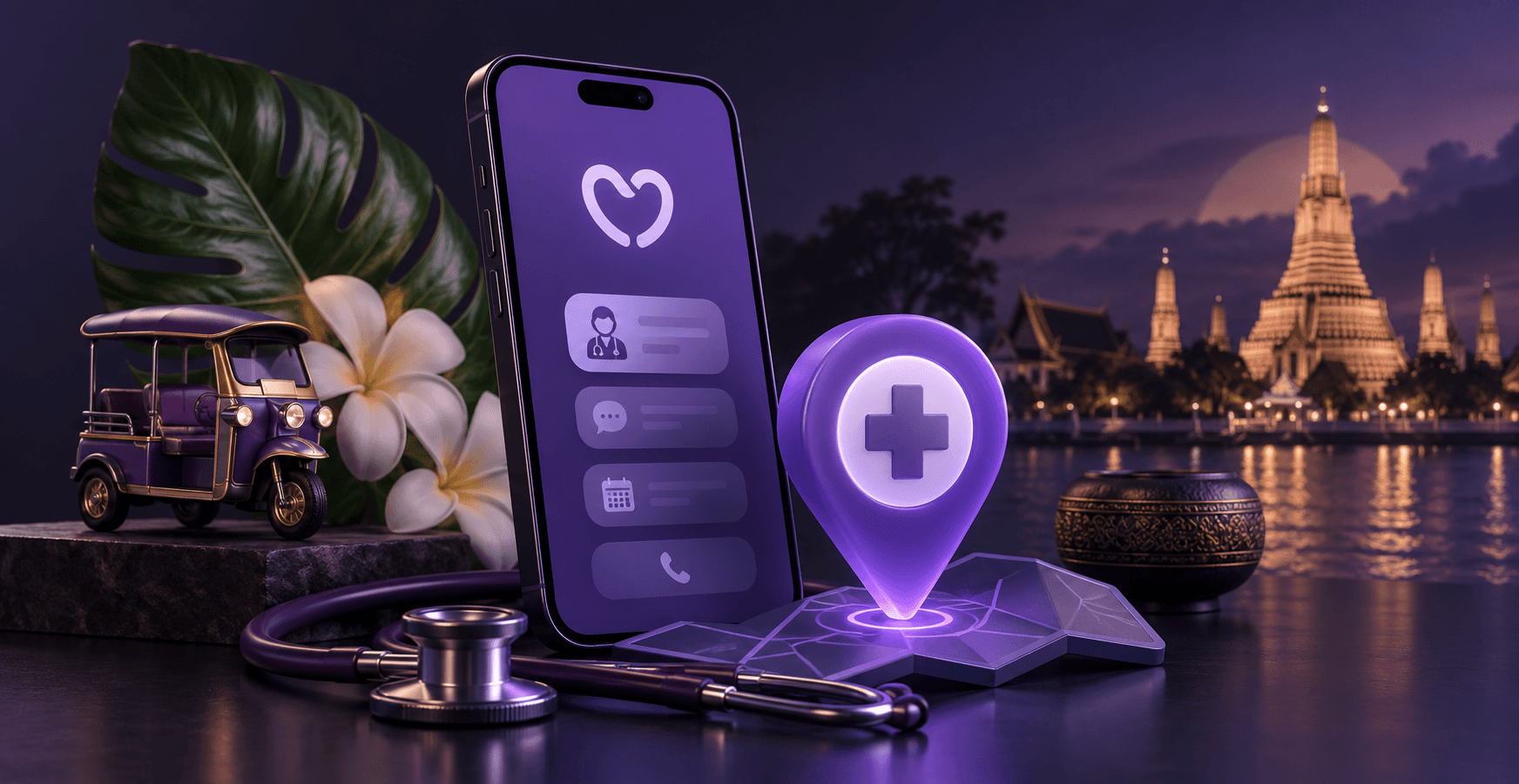 A dark still life with a phone showing a doctor's appointment list, a glowing medical map pin, a model tuk tuk, frangipani flowers and a stethoscope, with Wat Arun lit across the river behind.