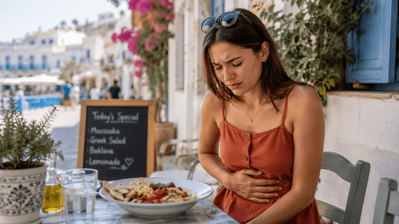 A woman at an outdoor taverna table with both hands pressed to her stomach and her eyes closed, a barely touched plate of food in front of her and a chalkboard of the day's specials behind.