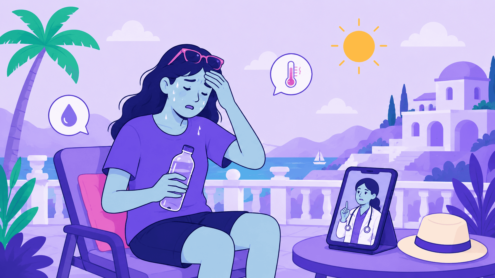 A flat violet illustration of a woman on a sun lounger holding a water bottle with a hand to her forehead, a thermometer in a speech bubble, a bright sun overhead and a tablet on the table showing a doctor.