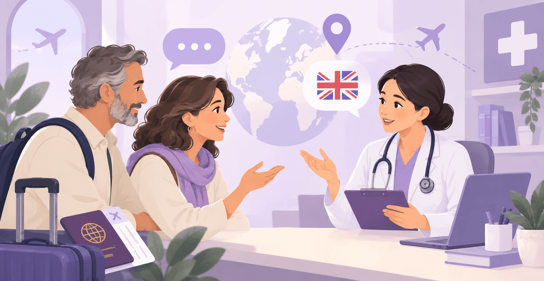 An illustration of a couple with a suitcase talking to a doctor across a desk, a speech bubble carrying the British flag between them and a globe on the wall behind.