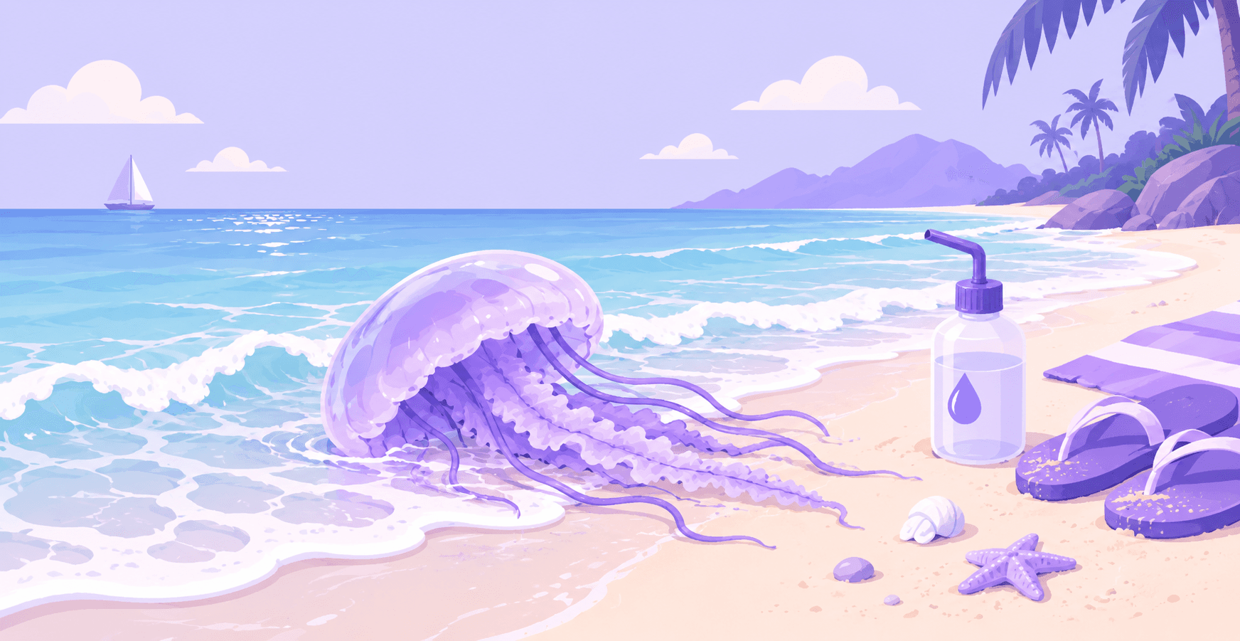 A flat illustration of a large pale jellyfish washed into the surf on a sandy beach, with a rinse bottle, flip flops, a starfish and shells on the sand and palms on a headland behind.