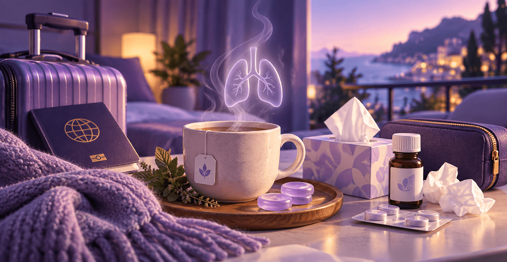 A hotel bedside table at dusk with a steaming mug of tea whose steam forms the outline of a pair of lungs, beside lozenges, tissues, a bottle of tablets, a passport and a knitted lilac scarf, with a lit seaside town behind.