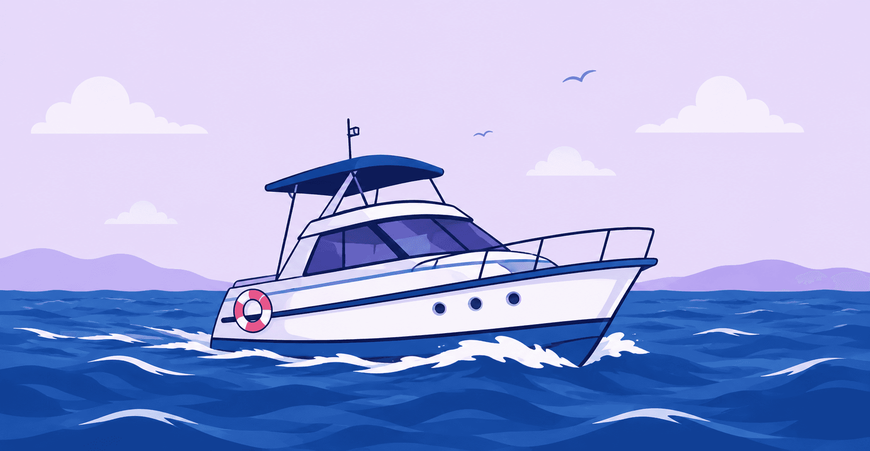A flat illustration of a small white motor cruiser with a lifebuoy on its rail, cutting through choppy blue water with hills and gulls behind.