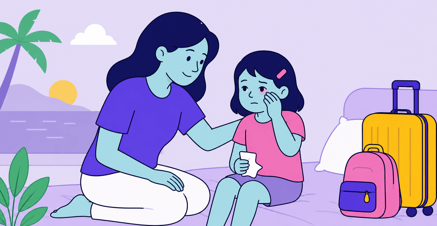 A flat illustration of a woman kneeling beside a young girl on a bed with a hand on her shoulder, the girl rubbing one reddened eye and holding a tissue, with luggage and a view of a palm tree behind.