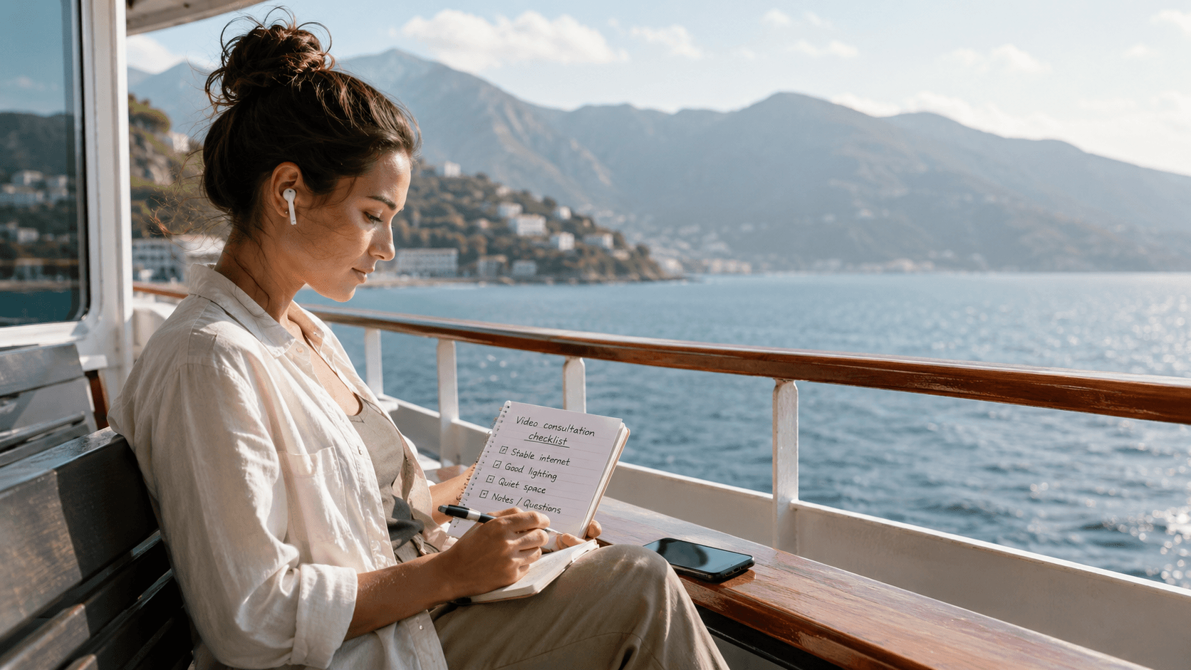 A woman sitting on a sunlit ferry deck writing a handwritten checklist in a notebook, her phone on the bench beside her and a mountainous coastline behind.