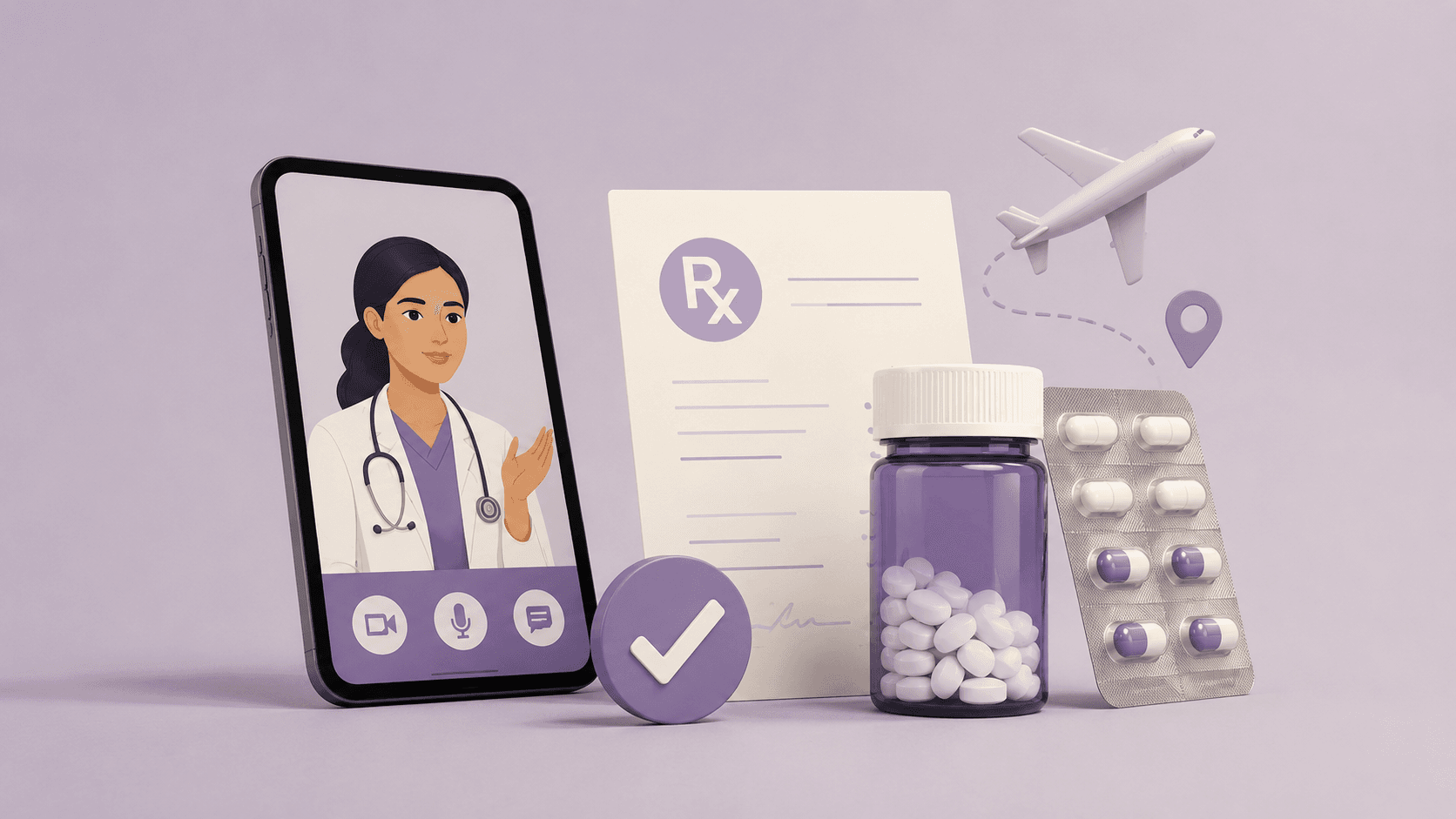 A violet three dimensional scene: a phone showing a doctor in a white coat on a call, a blank Rx prescription sheet, a bottle of tablets, a blister pack, a tick, and a paper plane tracing a dotted route to a map pin.