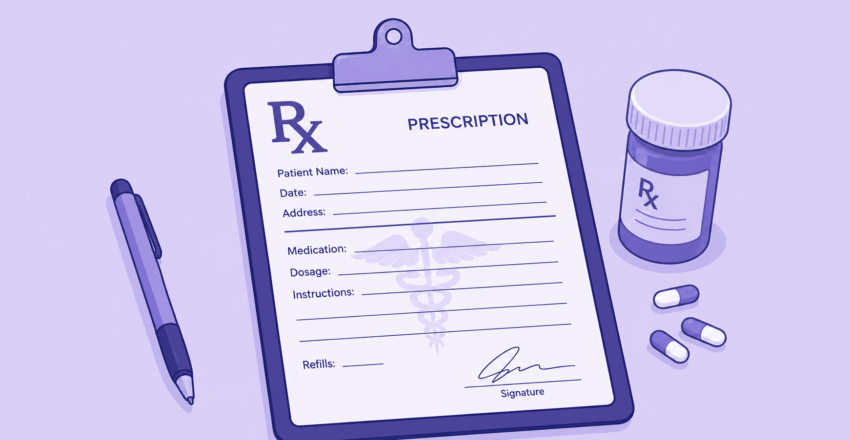 An illustration of a prescription pad on a clipboard headed Rx, its patient and medication lines blank, with a pen, a bottle of tablets and two loose capsules beside it.