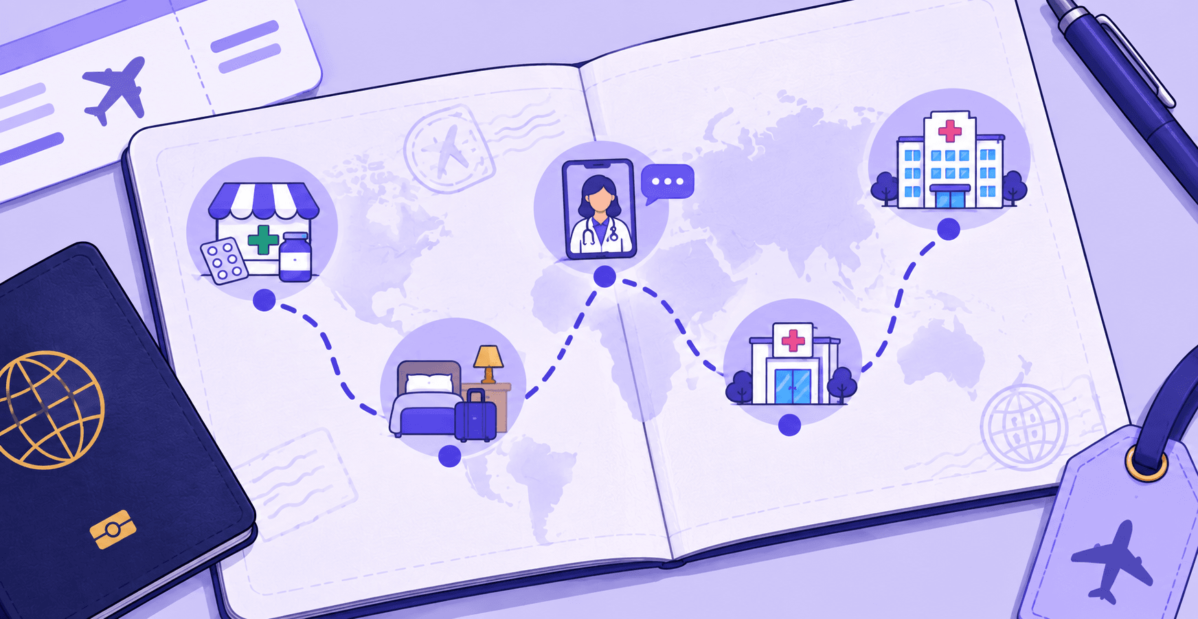 An illustration of an open travel journal showing a dotted route between five icons: a pharmacy, a hotel bed, a doctor on a phone screen, a clinic and a hospital, with a passport and a luggage tag beside it.