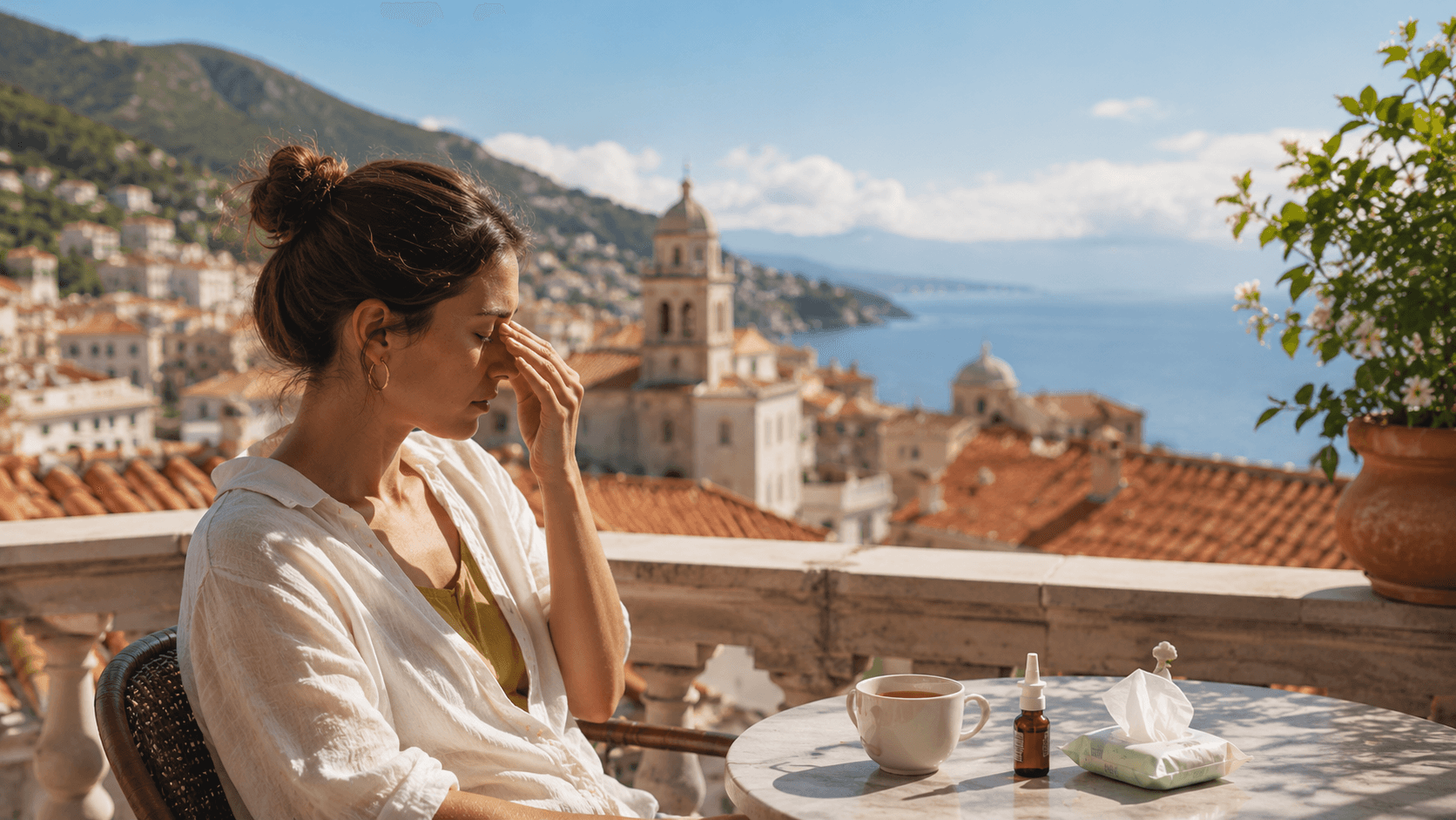 A woman on a sunlit terrace above a red roofed coastal town, her eyes closed and pinching the bridge of her nose, with a coffee cup, a nasal spray and tissues on the table.