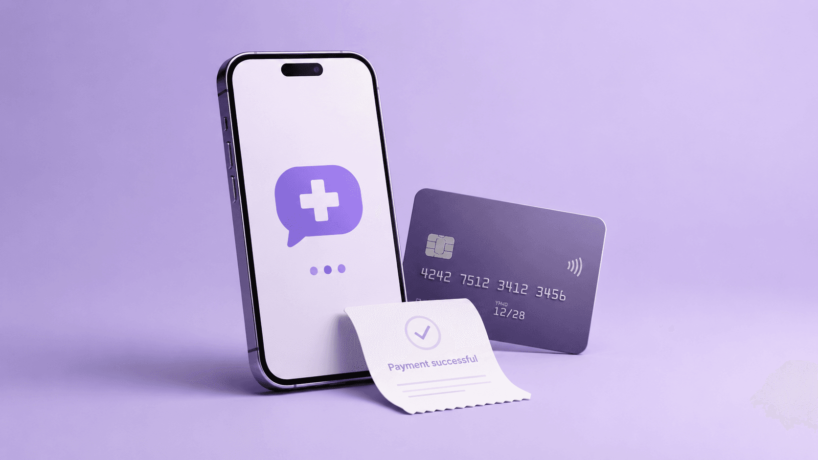 A violet three dimensional scene: a phone showing a speech bubble with a medical cross, a dark bank card, and a printed receipt reading payment successful.