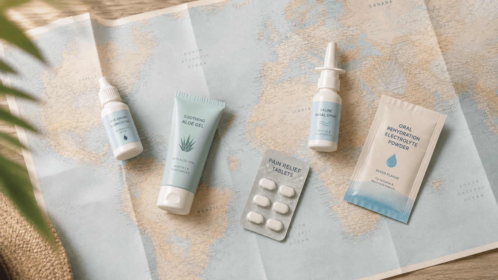A flat lay on an unfolded world map of small travel medicines: eye drops, a tube of aloe gel, a blister pack of pain relief tablets, a saline nasal spray and a sachet of rehydration powder.
