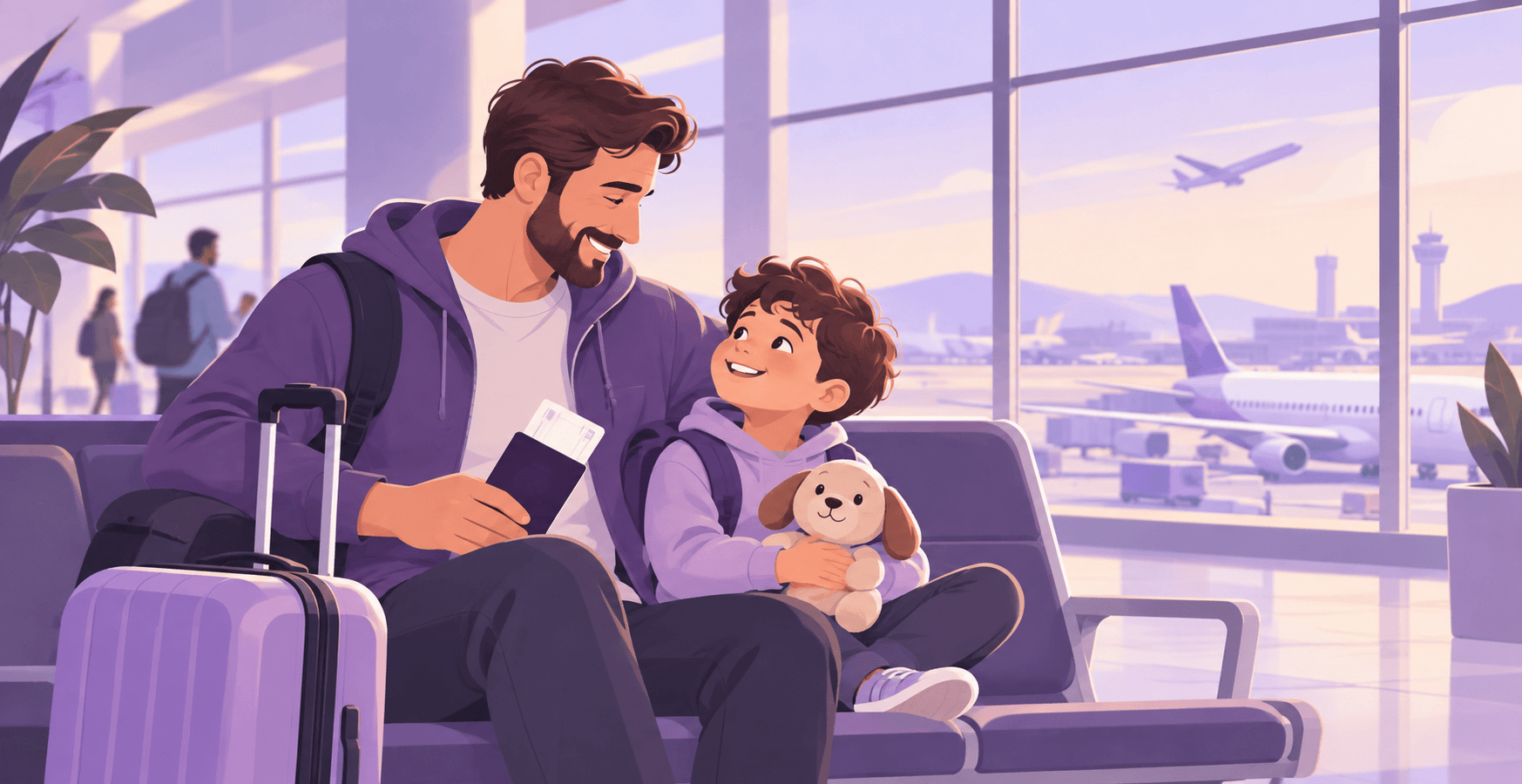 An illustrated father and young son smiling at each other on an airport bench, the boy holding a toy dog and the father holding passports, with a suitcase beside them and planes through the window.