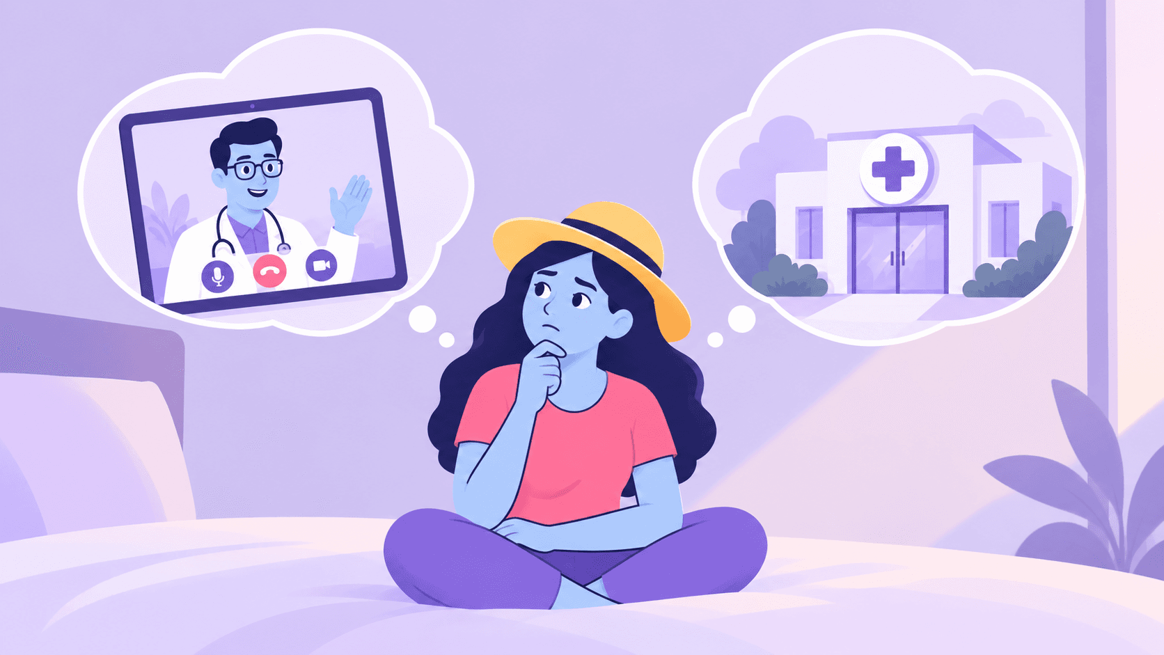A traveller in a sun hat sits cross-legged on a hotel bed, chin resting on one hand, between two thought bubbles: a tablet showing a doctor waving, and a clinic building with a cross above the door.