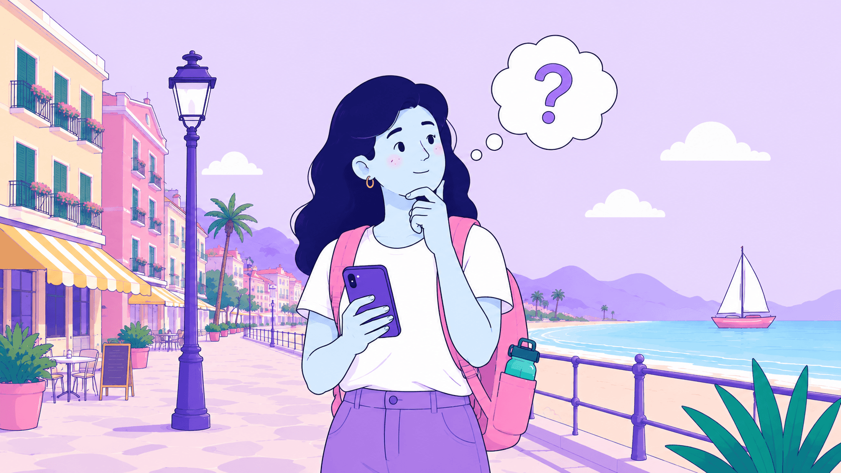 A flat violet illustration of a traveller with a backpack holding a phone on a seafront promenade, a thought bubble with a question mark above her, with palms and a sailboat behind.