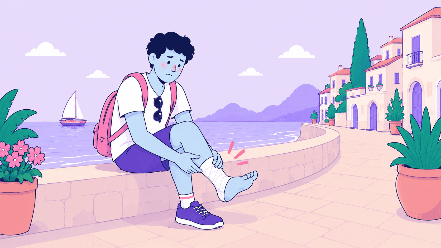 A flat illustration of a young man sitting on a sea wall holding a bandaged ankle with red pain marks around it, a coastal village and a sailboat behind him.