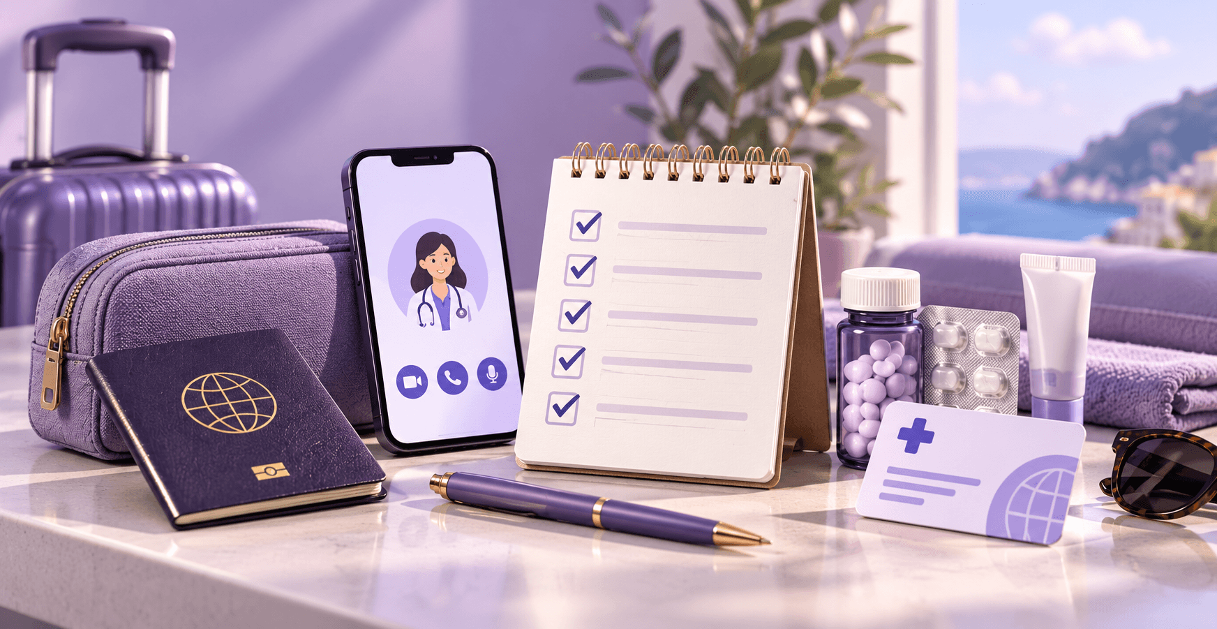 A marble desk with a passport, a lilac wash bag, a phone showing a doctor on a video call, a notepad of ticked boxes, a pen, tablets, a tube of cream, a health insurance card and sunglasses, with a suitcase and a sea view behind.